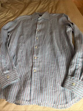A. Basile Satoriale Mens Striped Linen Dress Shirt. Blue/Red. Size 16.5/42.